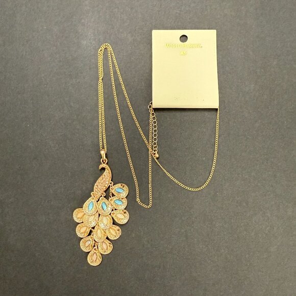 NWT Gold-Tone Peacock Pendant Necklace With Blue & White Accents On Delicate Cha - Picture 7 of 7